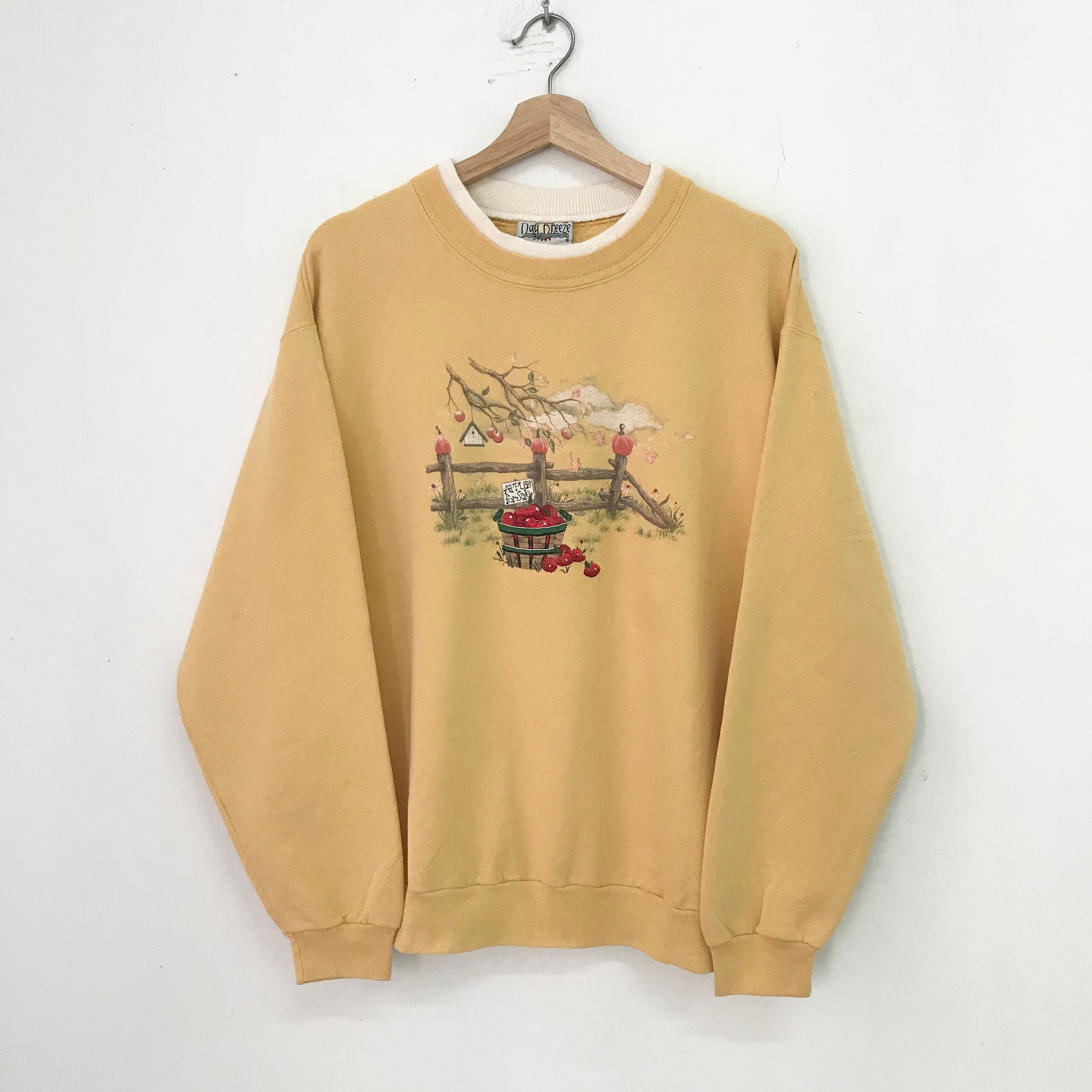 トップス XL 90's Apple sweat Vintage 90's Apple Garden Graphic Yellow Sweatshirt Large