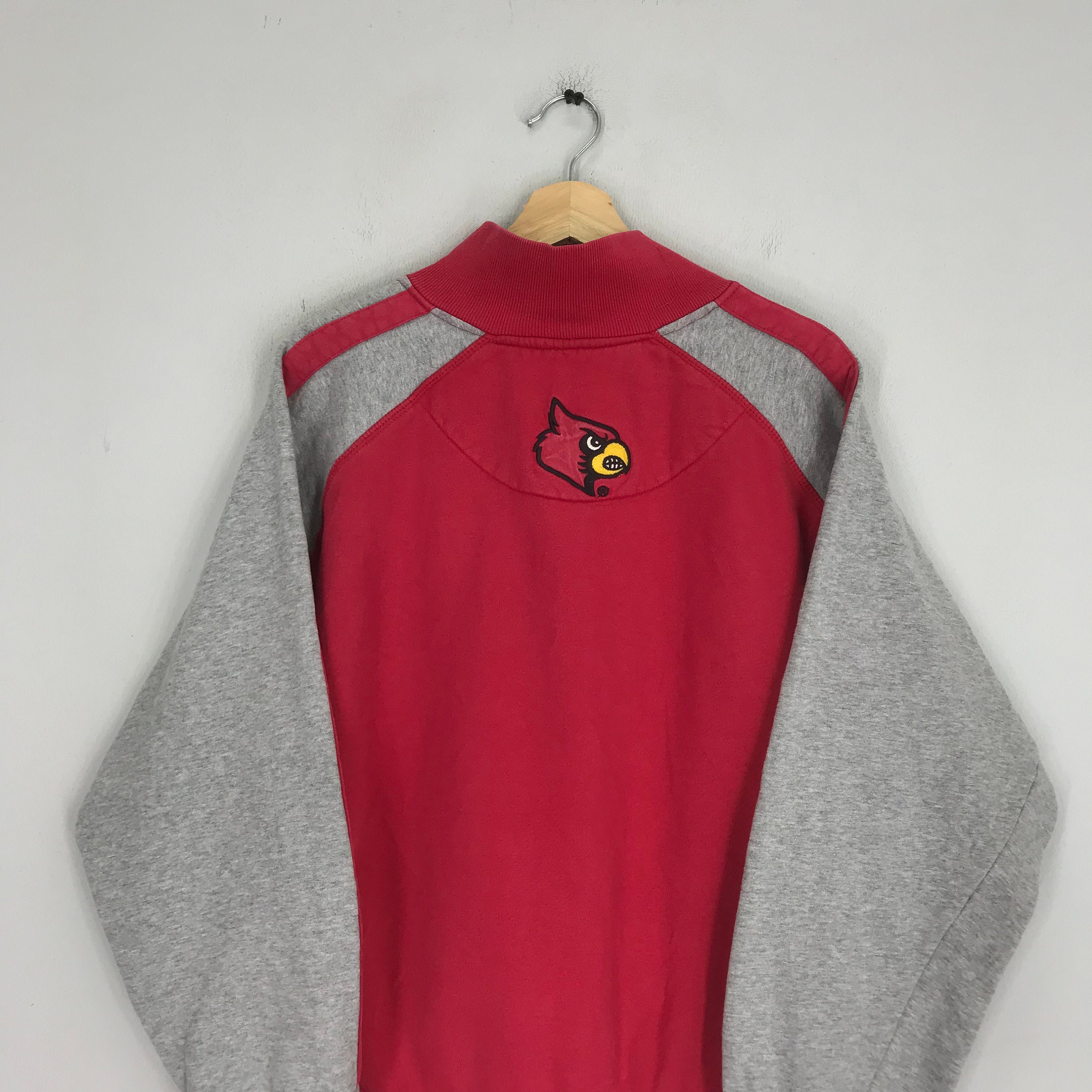 Vintage 70s Womens Medium Spell Out University of Louisville Knit Sweater  Red