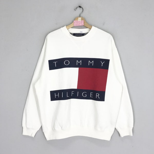 Vintage 1990's Tommy Hilfiger White Sweatshirt Large Tommy Hilfiger Big Flag Sweater Tommy Crewneck Tommy Hilfiger Flag Logo Outfits Size L