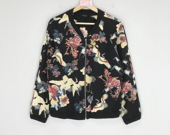 Vintage Retro Style Bomber Baroque Jacket Overprinted Floral Bird Sakura Japan Zipper Jacket Black Pop Art Ladies Jacket Flower Bird Size S