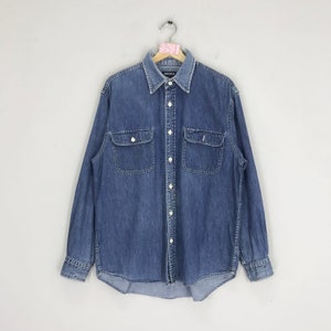Vintage American Denim Double Pocket Button Down Indigo Blue Jeans Workwear Style Casual Denim Jeans Oxfords Jeans Workers Shirt Size L