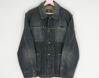 Vintage 90s Denim Chore Workers Jacket Stone Wash Blue Four Pocket Denim Jeans Jacket American Style Workwear Denim Blue Button Coat Size M