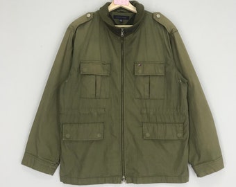 Tommy Hilfiger Olive Green Worker Jacket Four Pocket Zipper Tommy Hilfiger Denim Jeans Utility Jacket Casual Style Coat Size M