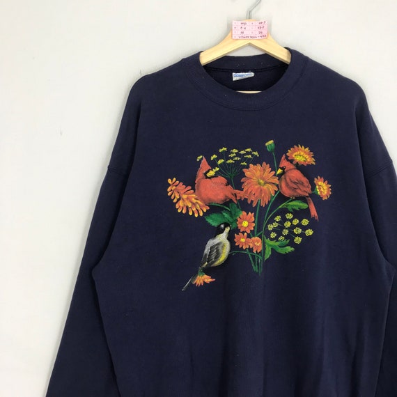 Vintage 90s Cardinal Bird Flower Sweater Floral B… - image 2