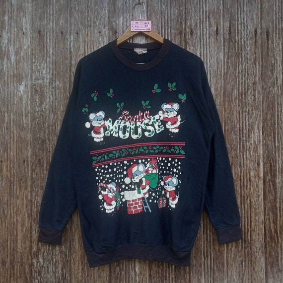 Vintage Santa Mouse Snow Graphic Colourful Funky Sweatshirts Size