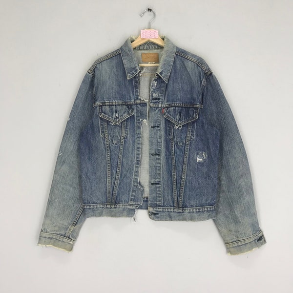 Vintage 90s Distressed Levis Trucker Denim Jacket Jeans Levis Stonewash Denim Blue Faded Ripped Jacket Size L
