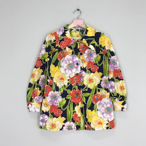 Vintage 90s Retro Hibiscus Flower Overprinted Style Colourful Button Down Shirt Ladies Hippies Relaxing Shirt Size S