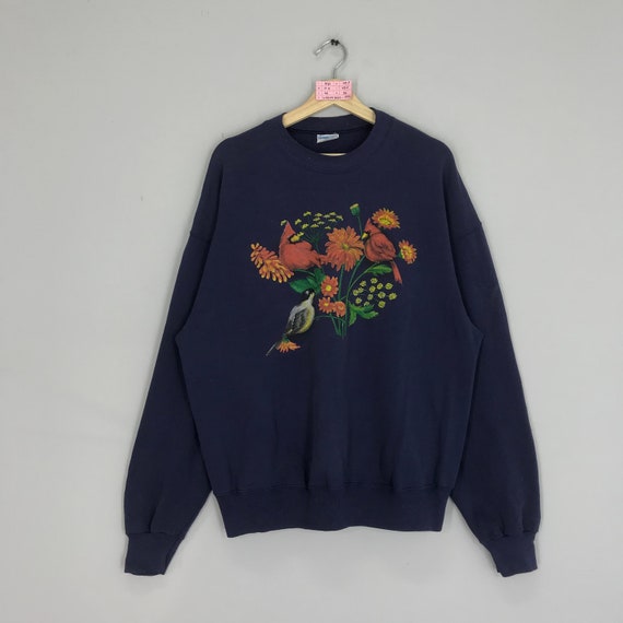 Vintage 90s Cardinal Bird Flower Sweater Floral B… - image 1