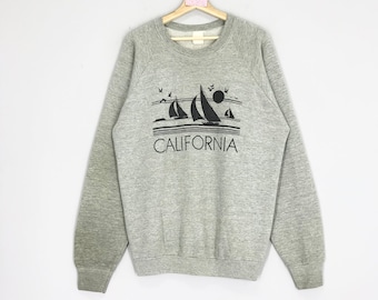 Vintage 90s California Sweatshirt Crewneck California City Beach Sailing Boat Grey Sweater California Logo Pillover Size L