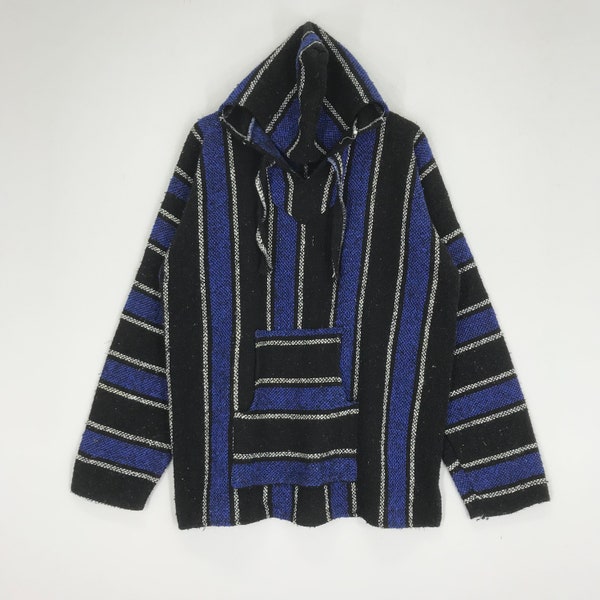 Vintage jaren 90 Baja blauwe strepen trui hoodie Aztech Mexicaanse Baja patroon trui jas Baja hoodie jas maat L