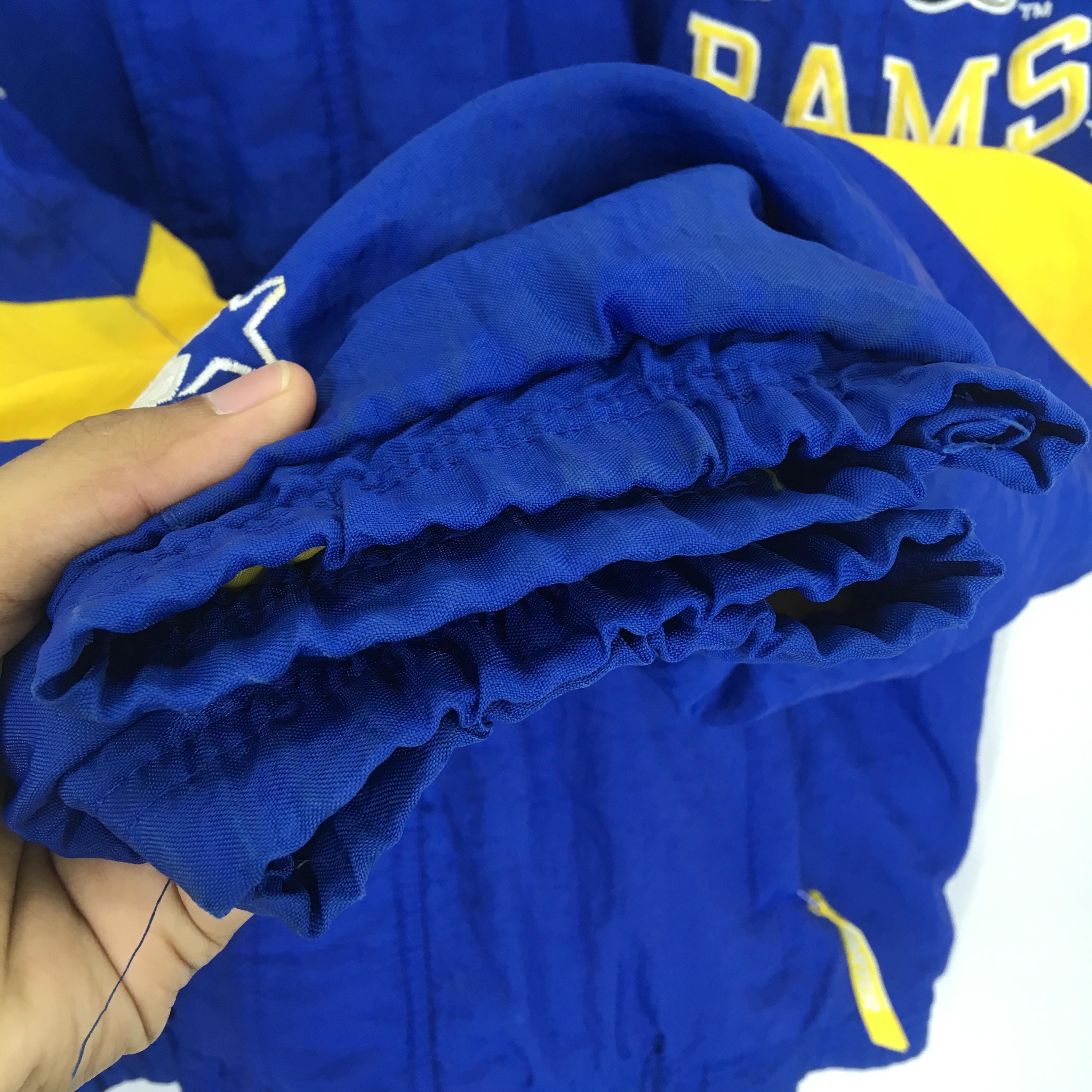 激レア90sSTARTERNFLセントルイスラムズナイロンジャケット刺繍ロゴ青L Vintage 90's St. Louis Rams Football Blue Bomber Jacket Xlarge St
