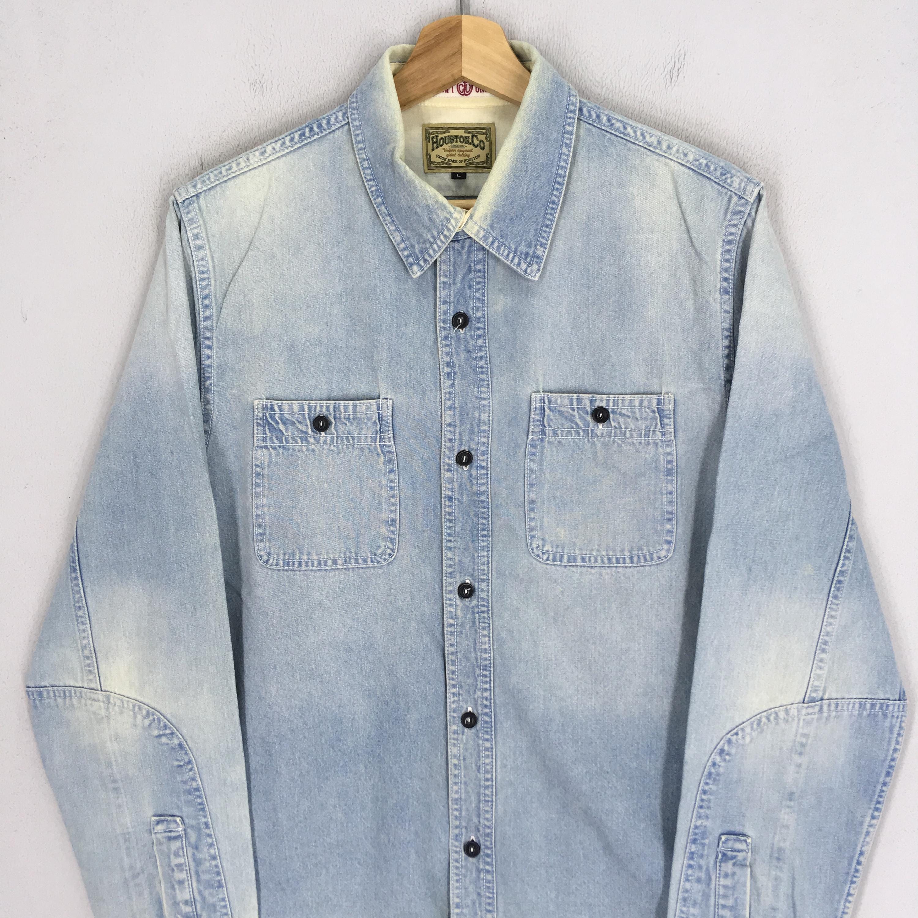 Vintage Houston Union Made Stone Wash Blue Denim Jeans Button Down 