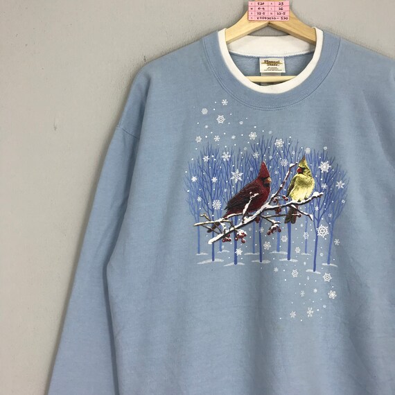 Vintage Cardinal Bird Sweatshirts Blue Floral Car… - image 3
