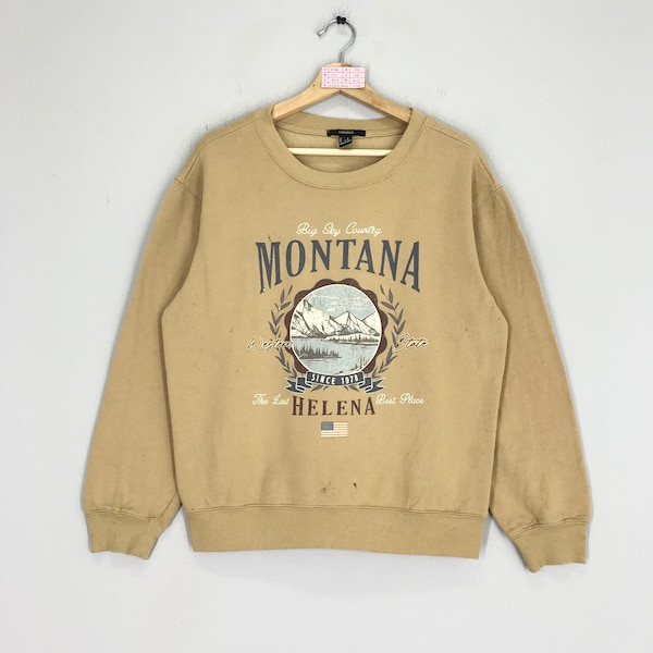 Vintage Montana US State Mountain Sweatshirts Montana Crewneck Beige Montana Sweater Pullover Montana Logo Jumper Size M