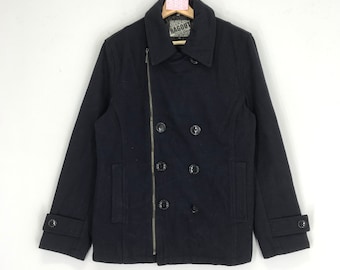 Chaqueta vintage negra con cremallera para trabajadores, chaqueta de lana negra de invierno, abrigo relajante, talla L