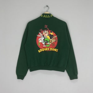 Rare!! Looney Tunes Cartoon Character Space Jam Sweater Green Pullover Size M