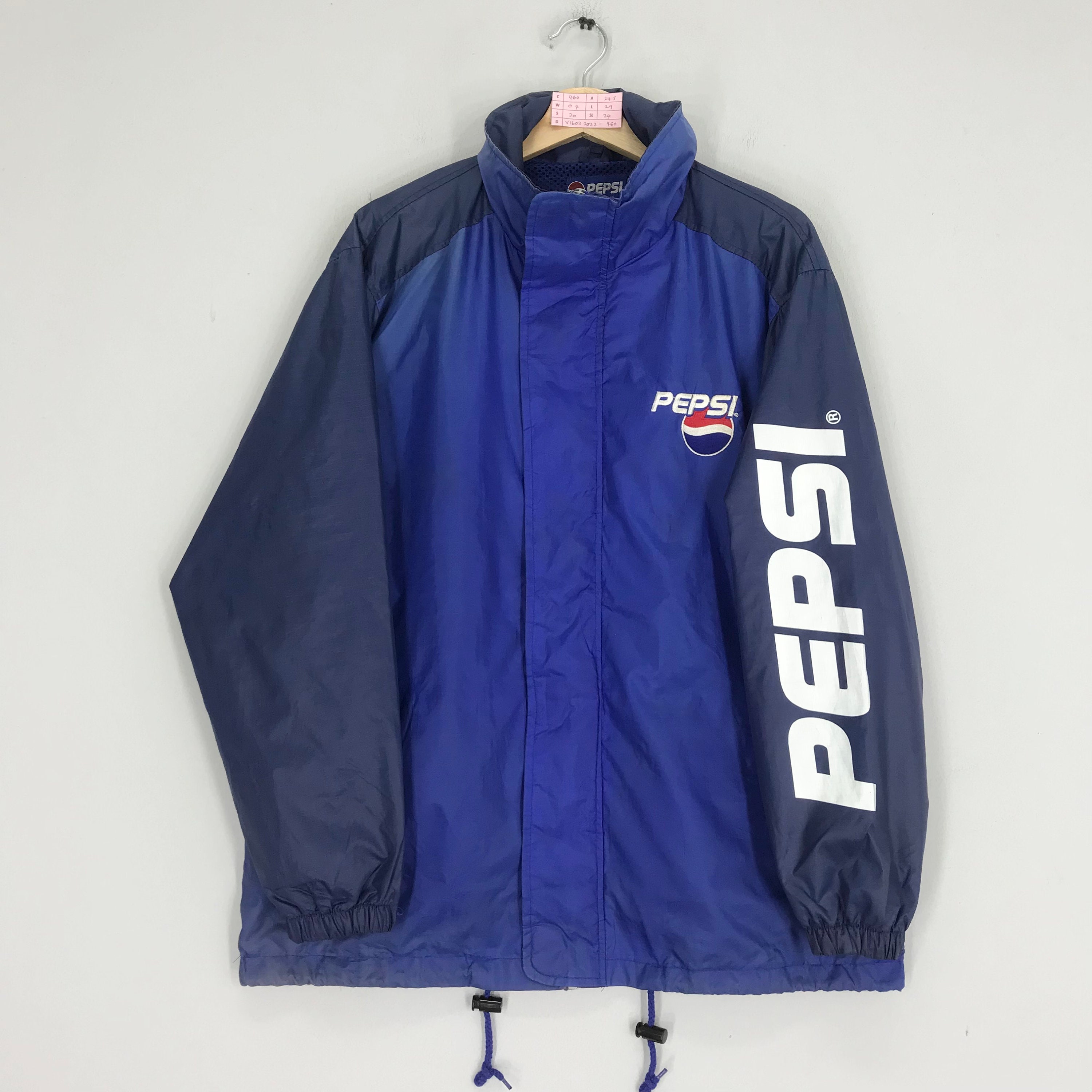 Vintage 90 s Retro Pepsi Windbreaker Jacket Pepsi Big Logo Carbonated Drink Pepsi Zipper Light Jacket Blue Pepsi Big Logo Jacket Size L