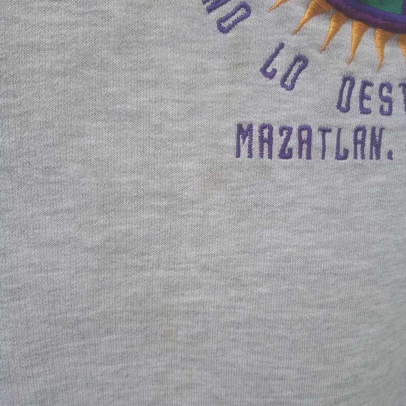 May include: Grey sweatshirt with purple embroidered text that reads "Lo Dest Mazatlan."