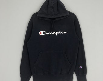 Vintage 90s Champion Black Embroidered Spell Out Hoodie Size Small