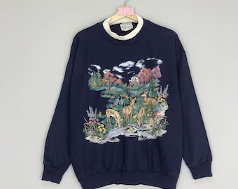 Vintage 90s Deer Sweatshirt Wildlife Crewneck Tailed Deer Sweater Graphic Nature Pullover Habitat Print Logo Size XL