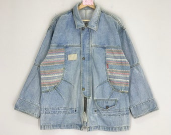 Vintage Encore Worker Denim Jacket Faded Blue Workwear Chore Denim Jeans Jacket American Style Denim Jacket Buttons Trucker Jeans Size M