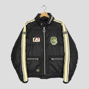 Vintage 90&#39;s Greedy Motorcycles Racing Thermolite Black Puffer Down Jacket Large Greedy Japan Bomber Racing Jacket Motorsports Coat Size L