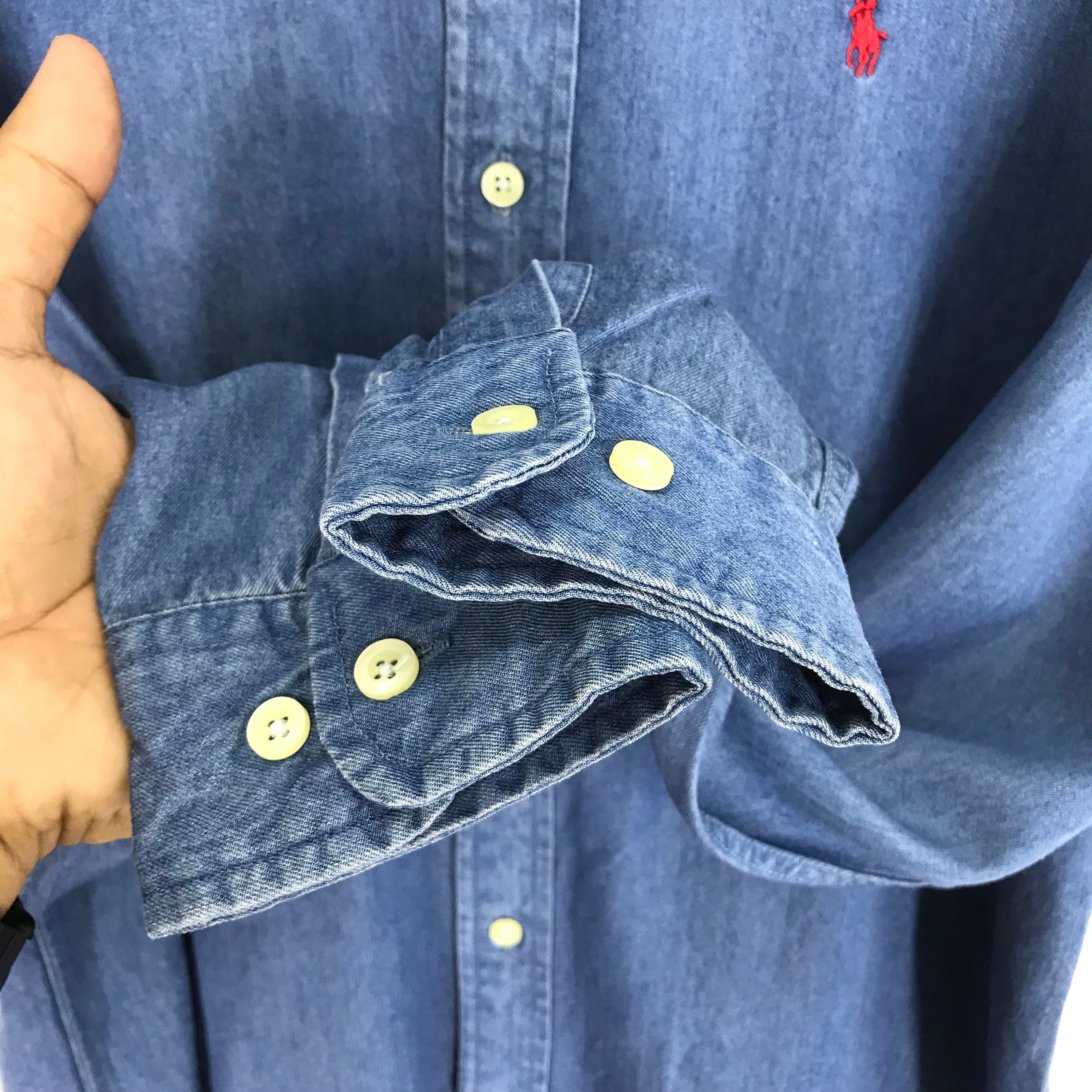 トップス 1990s POLO RALPH LAUREN DENIM SWEAT POLO Vintage 90s Polo Ralph Lauren Jeans Blue Shirt Button Down