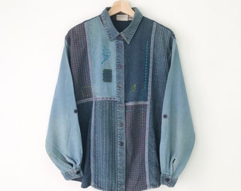 Vintage 90's Patchwork Sashiko franela camisa azul jeans botón grande abajo Oxford Boro costura patchwork tema estilo fiesta camisa tamaño L