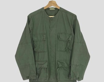 Vintage Army M65 Field Jacket Olive Green Medium Army Workers Jacket Four Pocket Button Down Workwear Style Field Coat Utility Pocket Size M