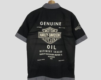 Vintage Harley Davidson-motoren vervaagd zwart shirt met button-downkraag medium Harley Davidson-motorfietsen borduurwerk Spell Out-logo casual maat M