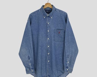 Camisa vaquera vintage Polo Ralph Lauren azul XLarge Polo Small Pony Denim Buttondown Shirt Polo RL Blue Oxford Casual Single Pocket Size XL