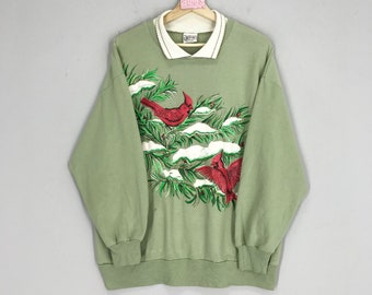 Vintage 90s Cardinal Bird Floral Graphics Sweatshirts Cardinal Red Bird Floral Sweater Floral Bird Crewneck Green Pullover Jumper Size L