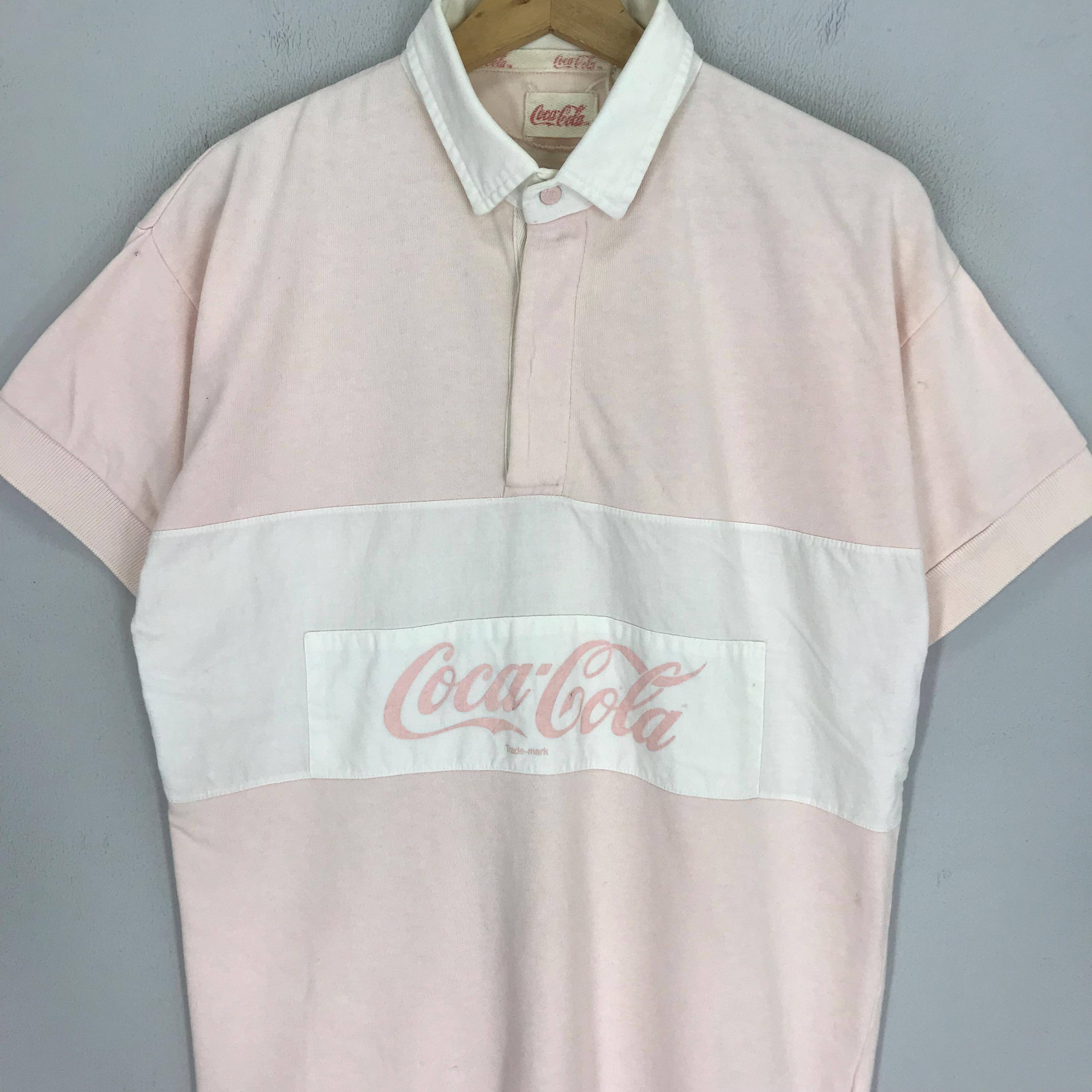 Vintage 90s Coca Cola Polo Rugby Shirt White Pink Coca Cola Big 