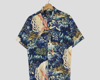 Vintage jaren 90 Polo Ralph Lauren Hawaïhemd met bloemenprint van rayon, maat Large. Polo Ralph Lauren Aloha Beach shirt met uitzicht op de oceaan, palmboom en hula-meisje, maat L.