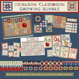 May include: A digital classroom decor bundle featuring a quilt-inspired theme with red, white, blue, and green patterns. Includes a Welcome to 2nd Grade sign, an April calendar, alphabet cards, class job charts, and decorative borders with star motifs.
