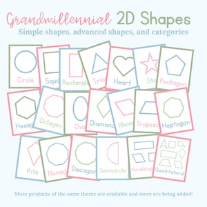 May include: A collection of cards featuring various 2D shapes, including circles, squares, triangles, and more. The cards are in pastel colors with the words "Grandmillennial 2D Shapes" at the top. The text "Simple shapes, advanced shapes, and categories" is also visible.