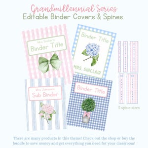 May include: Grandmillennial Series Editable Binder Covers & Spines. Four rectangular binder covers with pink and blue gingham or striped patterns, featuring watercolor illustrations of a green bow, blue hydrangea, pink hydrangea, and a topiary.