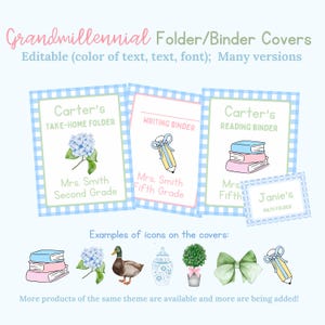 May include: Grandmillennial folder and binder covers with editable text and font options. Designs include a take-home folder, writing binder, and reading binder, each with a gingham border and floral or school-themed illustrations. Additional icons are shown.