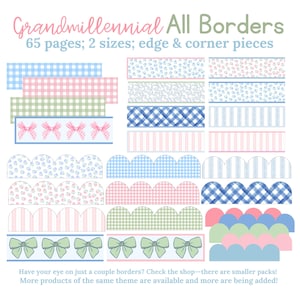 May include: A collection of decorative borders in various patterns and colors, including gingham, stripes, floral, and bow designs. The image features the text "Grandmillennial All Borders" and details about the product, such as the number of pages and sizes.