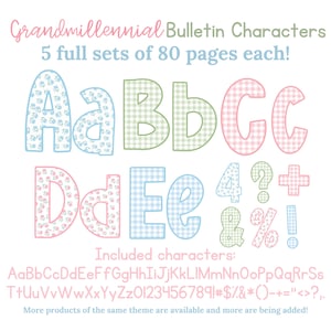 Peut inclure: Caractères de tableau d'affichage Grandmillennial avec des motifs floraux, vichy et à motifs. Comprend des lettres majuscules et minuscules, des chiffres et des symboles. Le texte indique "5 ensembles complets de 80 pages chacun !" et "Caractères inclus :" avec une liste complète de caractères.