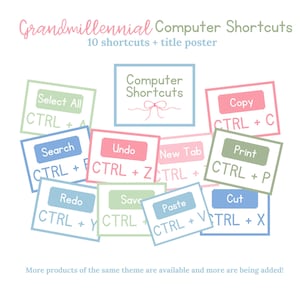 May include: A set of pastel colored cards with computer keyboard shortcuts written on them. The cards are arranged in a random pattern. The title card says "Computer Shortcuts".