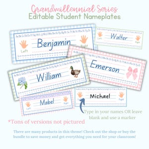 May include: A collection of editable student nameplates with a gingham border. Each nameplate features a name in cursive, a handprint, and a ruler. The text "Grandmillennial Series Editable Student Nameplates" is at the top.