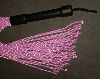 FPHK19B - Paracord Flogger 19" reflective lite pink knotted with black handle for BDSM impact play lots of sting