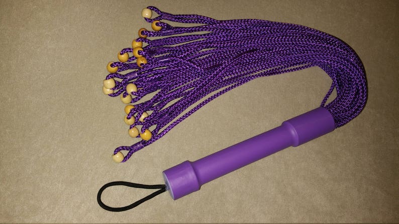 FPWB16P Paracord Flogger 16 purple with wood beads and a purple handle for BDSM impact play lots of sting with a little thud image 1