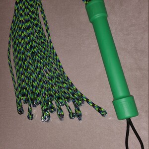 FPSN17G Paracord Flogger 17 UV green, black and blue looped with nuts and green handle for BDSM impact play lots of sting image 2