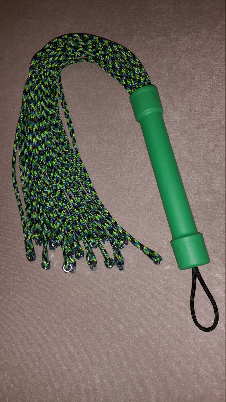 FPSN17G Paracord Flogger 17 UV green, black and blue looped with nuts and green handle for BDSM impact play lots of sting image 2