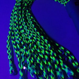 FPSN17G Paracord Flogger 17 UV green, black and blue looped with nuts and green handle for BDSM impact play lots of sting image 10