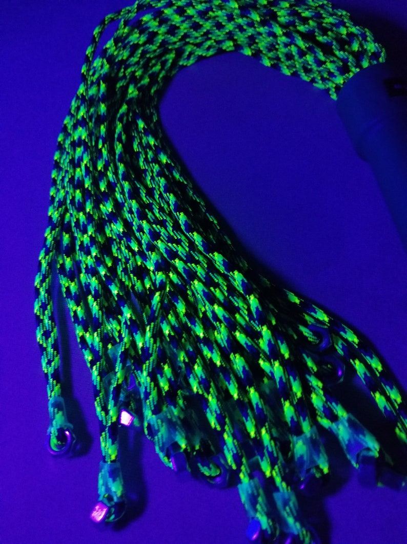 FPSN17G Paracord Flogger 17 UV green, black and blue looped with nuts and green handle for BDSM impact play lots of sting image 10