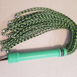 FPSN17G Paracord Flogger 17 UV green, black and blue looped with nuts and green handle for BDSM impact play lots of sting image 3