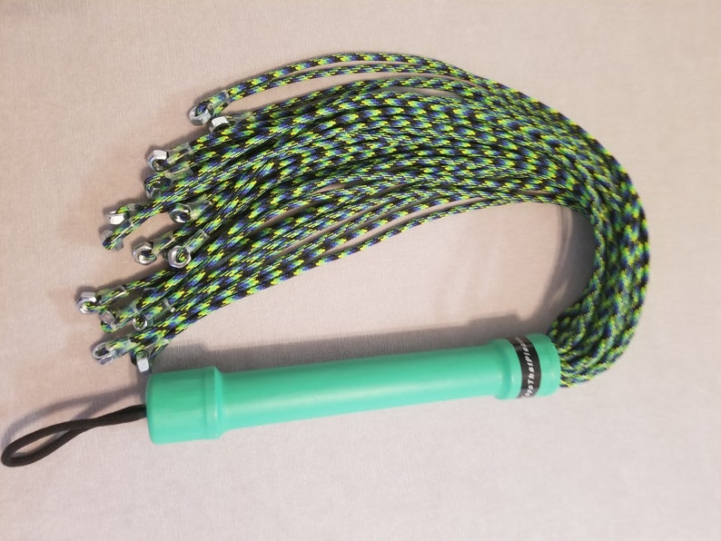 FPSN17G Paracord Flogger 17 UV green, black and blue looped with nuts and green handle for BDSM impact play lots of sting image 3